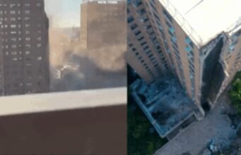 SKATĪT: Ņujorkas daudzstāvu mājokļu tornis daļēji sabrūk; dzirksteļo avārijas reaģēšana